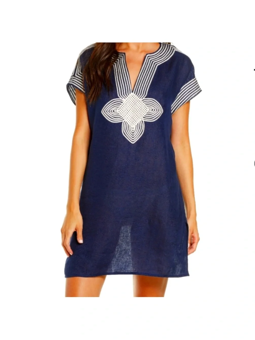 Tory Burch Navy Swim Cover-Up with Cream Embroidered Neckline